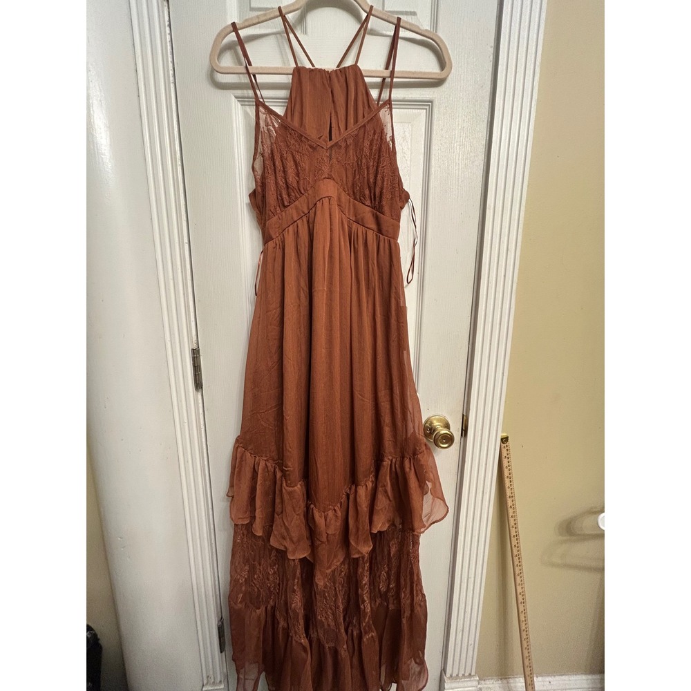 Brown Lace Halter Maxi Dress's Rust Boho Tiered Ruffle Size M Cottagecore Lacey